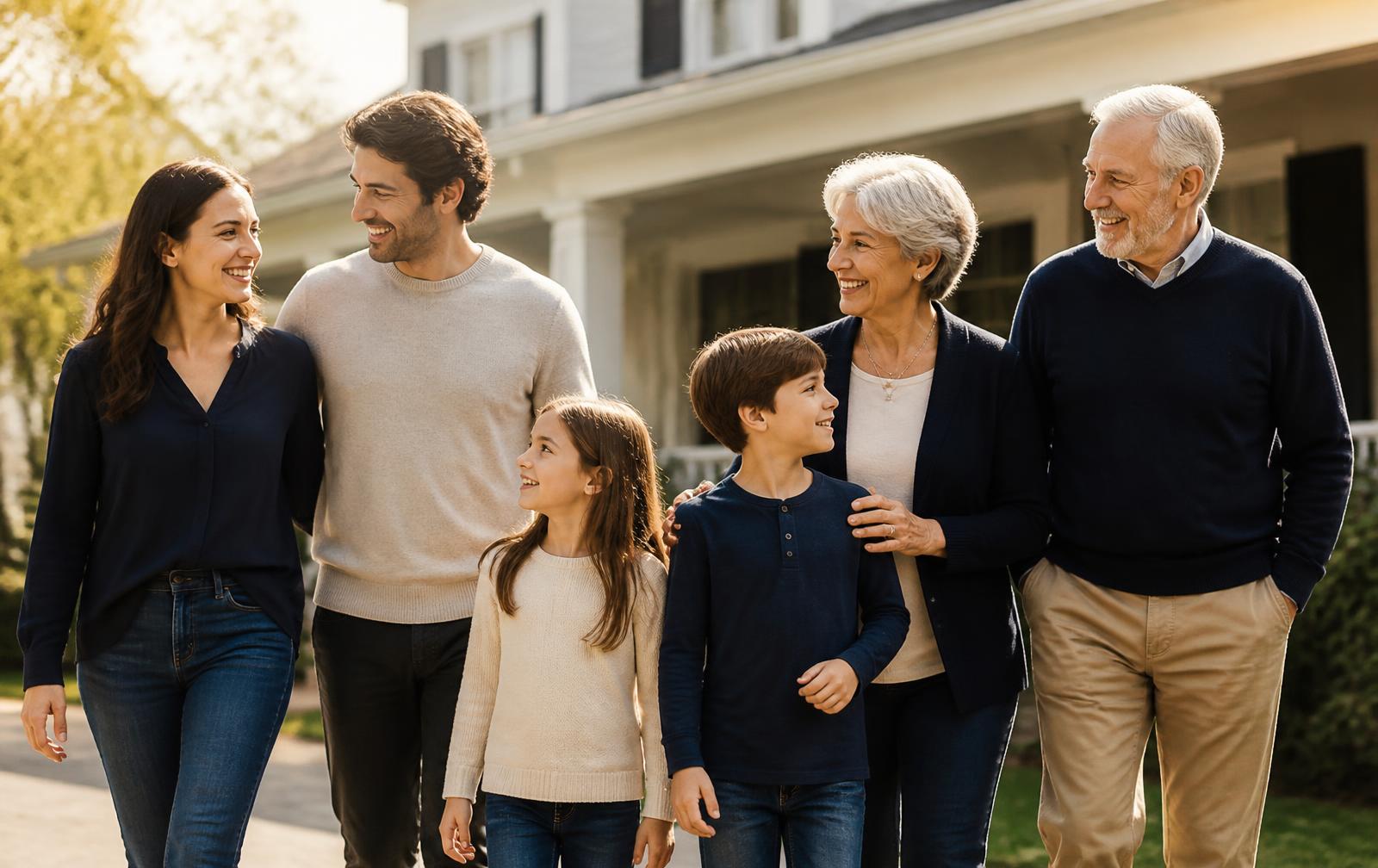 Three generations of a family walking together outside their home